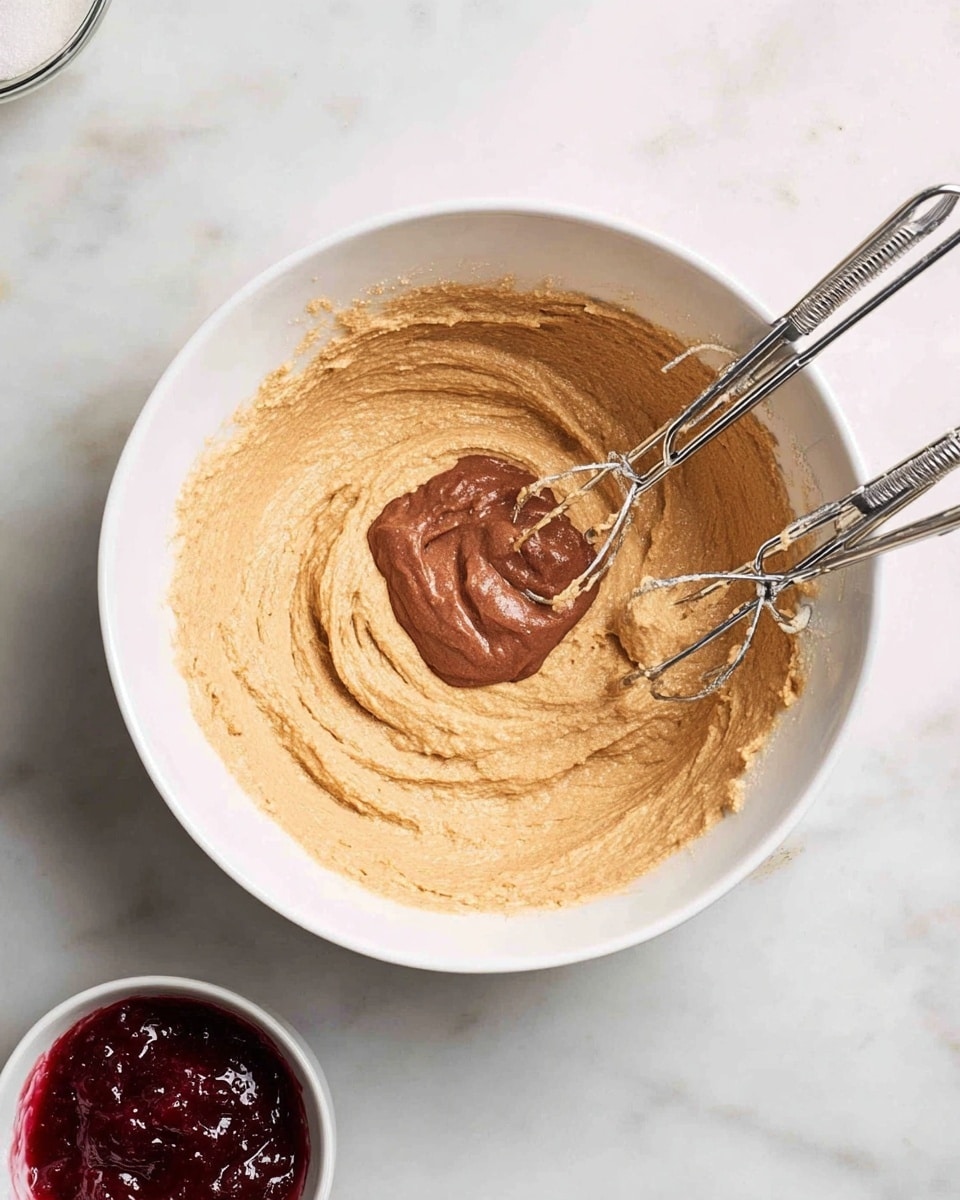 A white bowl sits on a white marbled surface, filled with two layers of batter mixture. The bottom layer is a light tan color with a smooth texture spread evenly across the bowl, while the top layer is a thicker, darker brown dollop placed roughly in the center. Two silver metal beaters rest inside the bowl, partially immersed in the batter, as if mid-mixing. Near the bottom left corner of the image, there is a small white bowl filled with a thick, dark red sauce or jam visible. Photo taken with an iphone --ar 4:5 --v 7