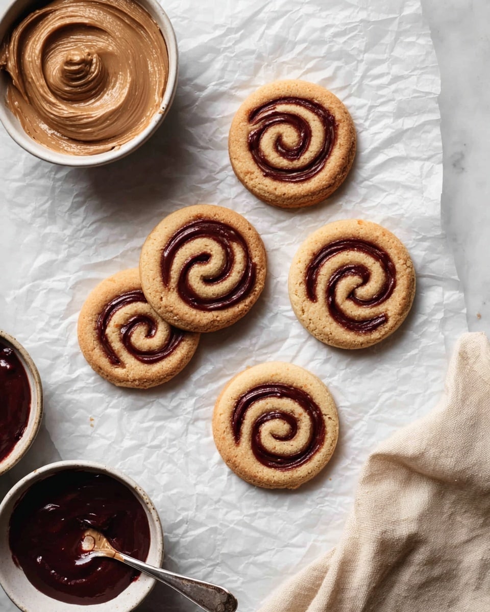 The image shows six round cookies placed on crumpled white paper over a white marbled surface. Each cookie has two visible layers: a light brown base and a dark reddish-brown spiral swirl on top that looks smooth and glossy. At the top left of the image, there is a small white bowl filled with thick light brown spread with a visible swirl pattern on its surface. At the bottom left, there is a smaller white bowl containing dark reddish-brown spread with a spoon inside it. Near the center bottom, there is a beige piping bag lying flat, slightly crumpled, adding a soft texture. The overall scene has soft lighting and a clean, simple background. Photo taken with an iphone --ar 4:5 --v 7