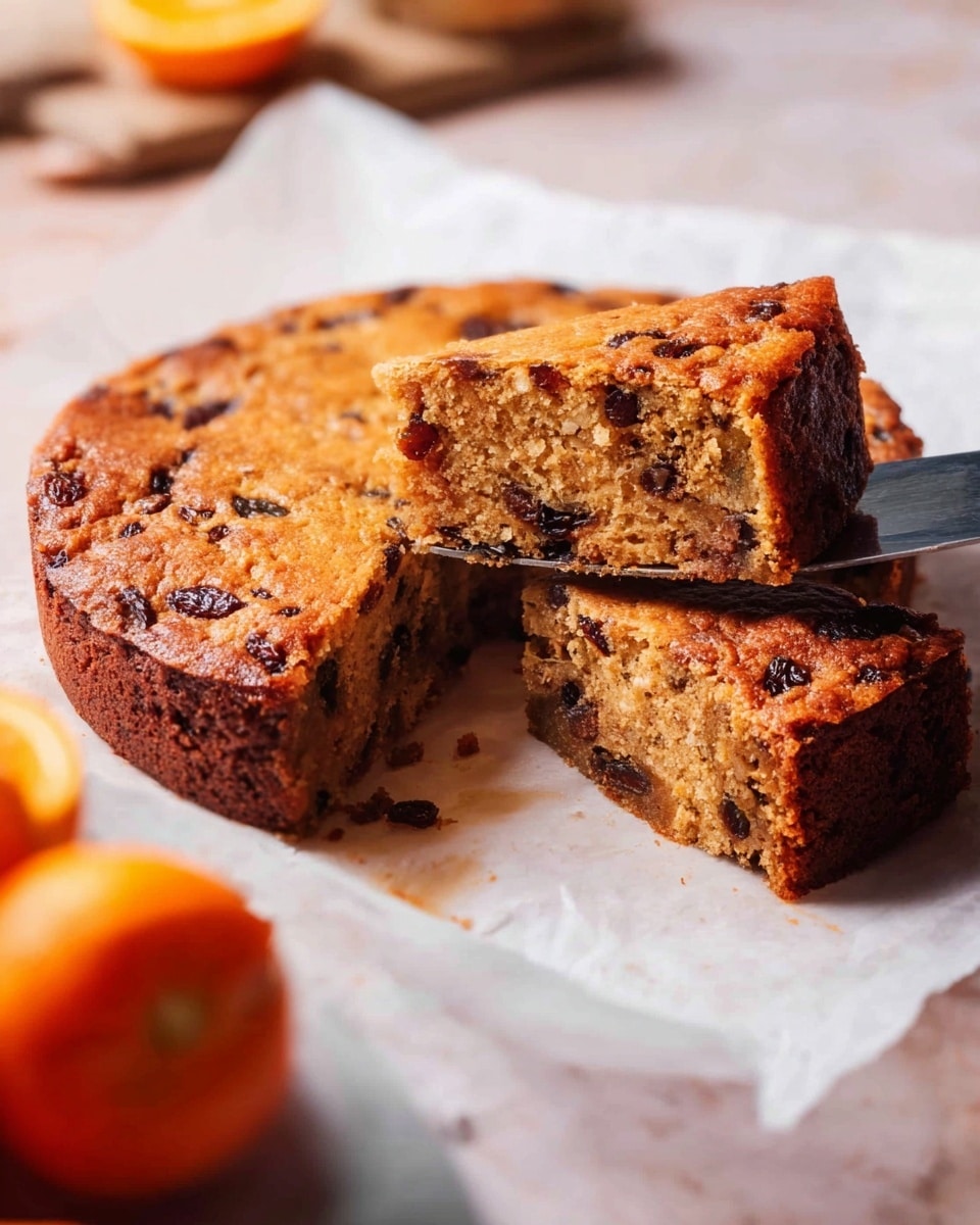 A round cake with a golden brown color and a textured surface is cut into slices, one slice being lifted by a knife showing the soft, crumbly inside filled with dark raisins or similar dried fruit pieces; the cake sits on white parchment paper on a white marbled surface, with blurred orange and apple pieces visible in the foreground, adding warm colors to the scene. photo taken with an iphone --ar 4:5 --v 7