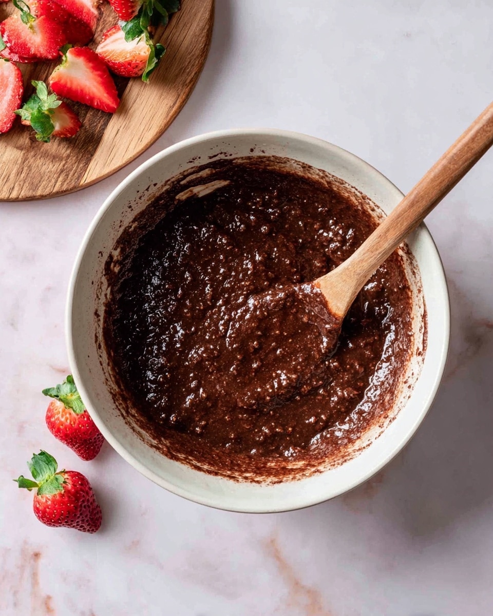 A white bowl filled with thick, dark brown chocolate batter with a slightly lumpy texture, and a wooden spoon dipped in it resting on the right side inside the bowl. The bowl sits on a white marbled surface, with three red strawberries with green leaves placed near the bottom left of the bowl. In the upper left corner, there is a round wooden cutting board with strawberry tops and sliced strawberries scattered on it. Photo taken with an iphone --ar 4:5 --v 7