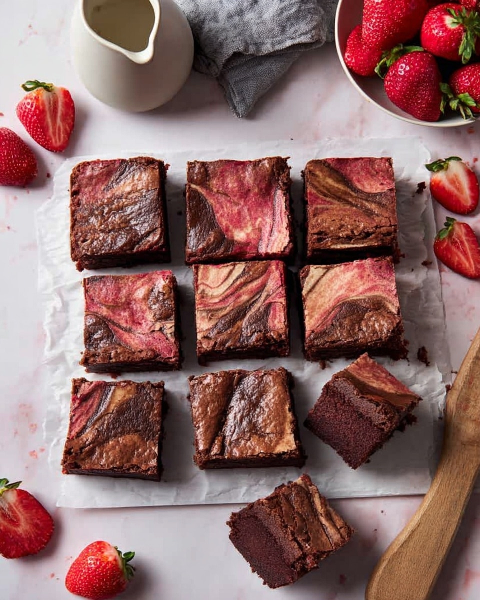 The image shows a batch of square chocolate strawberry swirl brownies arranged on white baking paper on a white marbled surface. There are three layers in each brownie: a dark brown chocolate base with a rich, dense texture, a reddish-pink strawberry swirl layer on the top with a smooth and slightly textured pattern mixing into the chocolate, and some lighter brown swirls creating a marbled look. Two brownie squares are placed separately to show the inside texture, and fresh whole strawberries are scattered around the brownies, along with a bowl of strawberries and a white creamer jug nearby. A folded grey cloth is positioned at the top. photo taken with an iphone --ar 4:5 --v 7