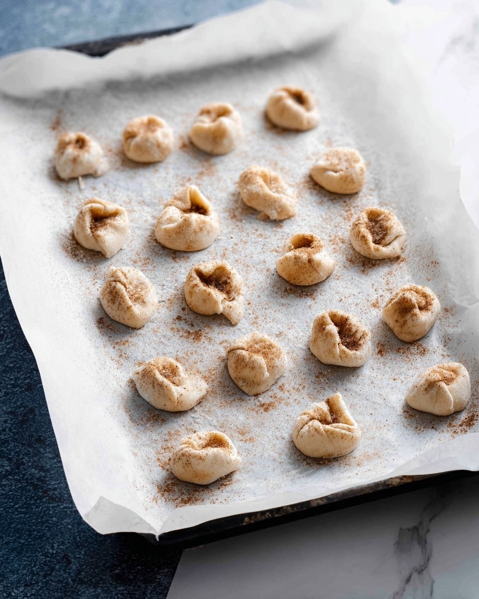 A baking tray lined with white parchment paper is placed on a surface with white marbled texture. On the paper, there are 16 uncooked small dough pieces arranged in four uneven rows. Each dough piece is folded around a filling, with the dough having a soft, pale beige color sprinkled with a light dusting of brown cinnamon or sugar. The pieces are irregular in shape, some forming little rings or folded packets with visible folds and creases of the dough. Light shines from above, showing the texture of the soft dough and the powdery topping. Photo taken with an iphone --ar 4:5 --v 7