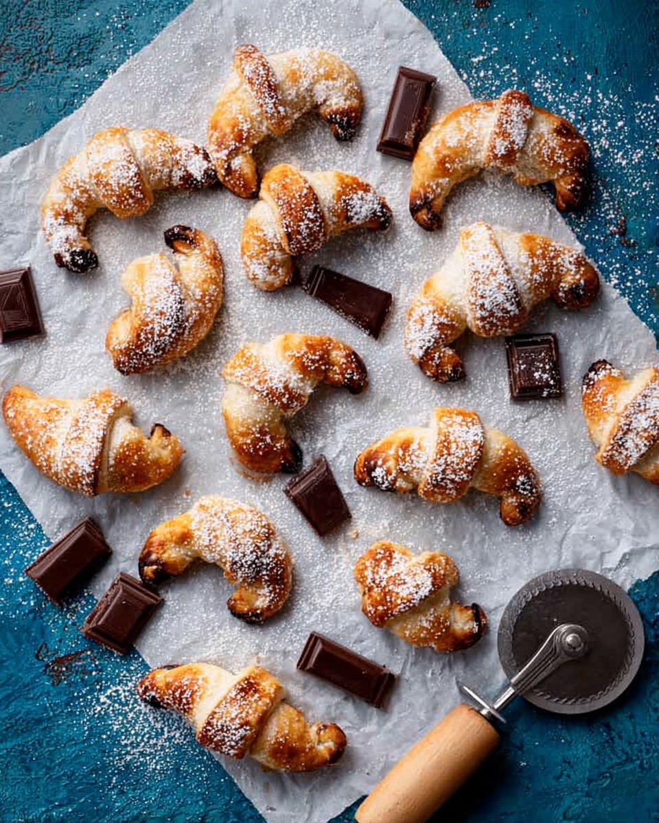 The image shows a white parchment paper laid on a blue textured surface, scattered with about twelve small, golden-brown crescent rolls that have a flaky texture and are lightly dusted with white powdered sugar. Among the rolls are several pieces of dark chocolate bars placed randomly, adding contrast with their deep brown color and smooth, shiny surface. A round pizza cutter with a wooden handle lies to the side on the blue surface. The crescent rolls are unevenly shaped, showing a rustic, homemade look. photo taken with an iphone --ar 4:5 --v 7
