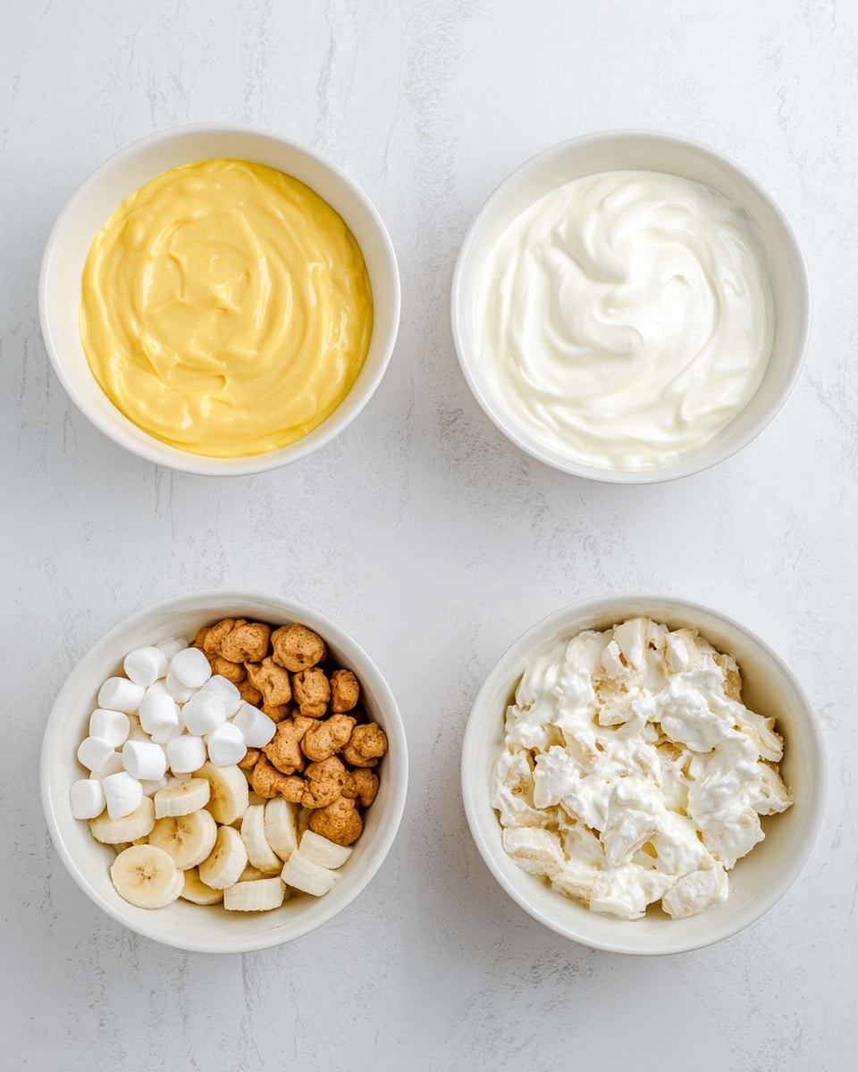 The image shows four white bowls placed on a white marbled surface, arranged in a 2x2 grid. The top left bowl contains a smooth, bright yellow pudding with a creamy texture, evenly spread out. The top right bowl holds a thick, white cream with soft swirls visible on the surface. The bottom left bowl contains three separate layers or groups side-by-side: small round golden brown cookies, miniature white marshmallows, and thin banana slices, all filling the bowl. The bottom right bowl shows a mixture where the thick white cream has combined with visible cookie and banana pieces, creating a chunky texture in the cream. photo taken with an iphone --ar 4:5 --v 7