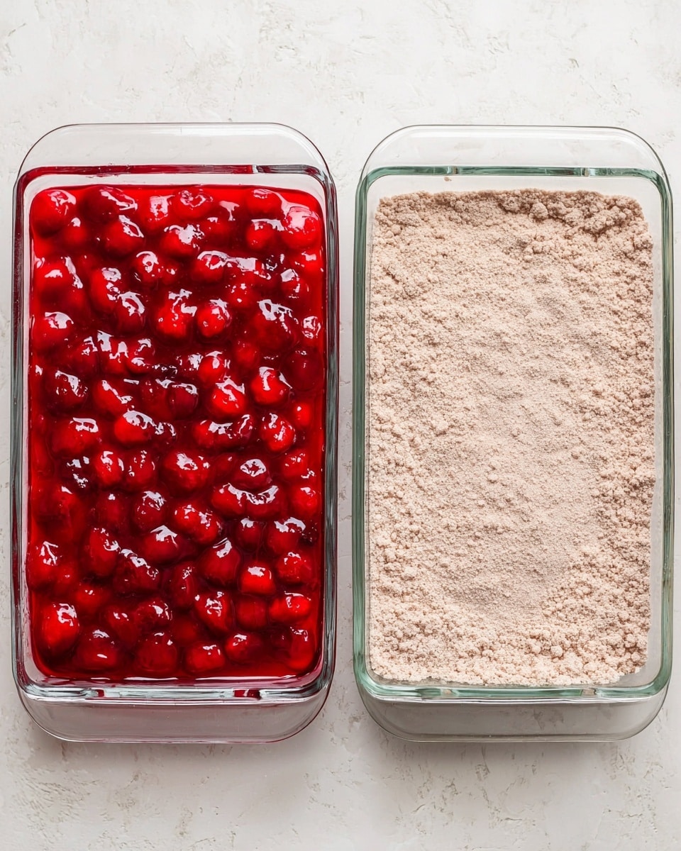 The image shows two rectangular glass baking dishes on a white marbled surface. The left dish has one layer of bright red cherry pie filling with visible chunks of cherries and a shiny, smooth gel-like texture. The right dish contains a single even layer of light brown cocoa cake mix powder with a slightly uneven surface texture. Both dishes are filled to the top edges and are placed side by side. Photo taken with an iphone --ar 4:5 --v 7