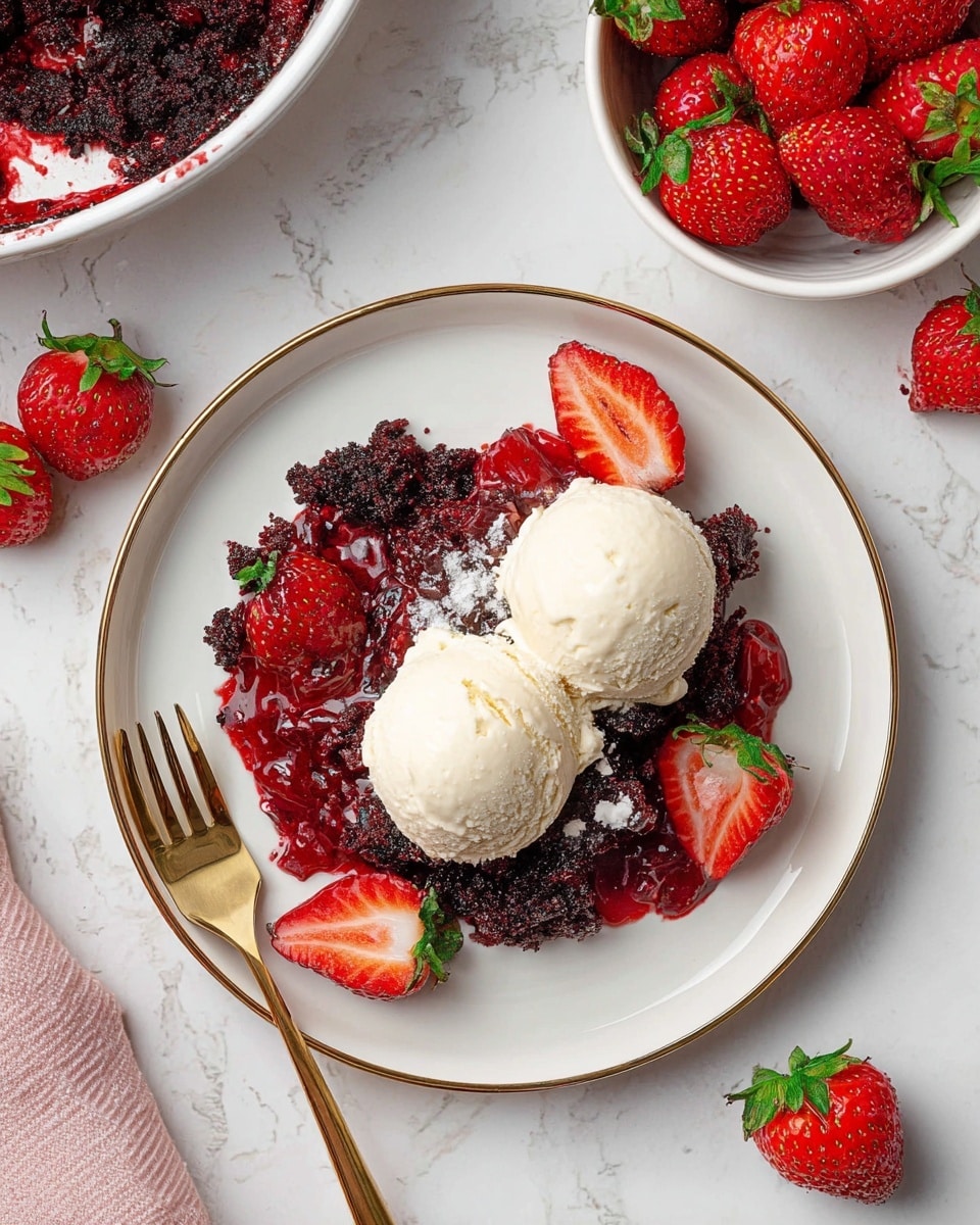 The image shows a white plate with a thin gold rim holding a dessert made of a dark chocolate crumbly base covered in a bright red strawberry sauce with visible small strawberry pieces. On top, there are two scoops of creamy light beige vanilla ice cream placed in the center. Two fresh strawberries are on the side of the dessert, one whole and one sliced in half, showing their red inside and green leaves. Around the plate, there are fresh strawberries, a white bowl full of whole strawberries, and another plate of the same dessert with a gold fork. The surface beneath everything is a white marbled texture. Photo taken with an iphone --ar 4:5 --v 7