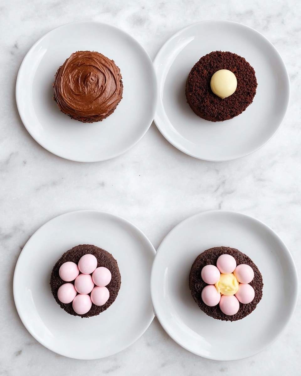 The image shows four white plates on a white marbled surface, each with a small circular dessert in the middle. The first plate has one layer of smooth, dark brown chocolate frosting spread in a rounded shape. The second plate features a single dark brown crumbly cake layer with a slightly rough texture. The third plate presents the same dark brown cake layer topped with a small round dollop of pale yellow cream in the center. The fourth plate has the dark brown cake base with a circle of six round pink candies arranged around the small yellow cream in the middle, resembling a flower shape. photo taken with an iphone --ar 4:5 --v 7