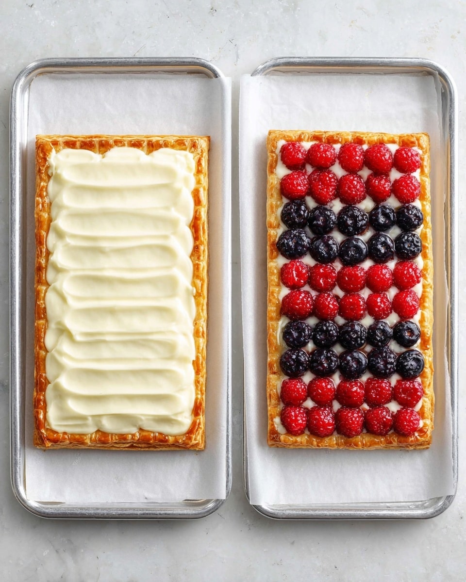 Two rectangular pastries are shown side by side on white parchment paper on metal trays over a white marbled surface. The left pastry has one layer of golden brown crust with edges puffed and slightly darker, topped with a smooth, even layer of light cream spread all over it. The right pastry has the same crust and cream layer but is decorated with two diagonal rows of fresh berries, alternating between red raspberries and dark blue blueberries, evenly spaced to cover the top. The berries are glossy and plump, creating a colorful, fresh look. Photo taken with an iphone --ar 4:5 --v 7