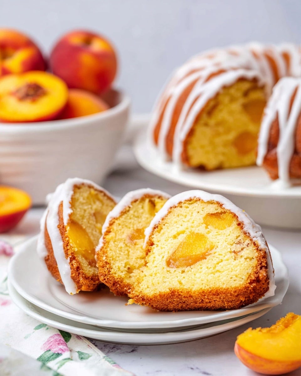 The image shows a sliced bundt cake on a white plate with a speckled finish, placed on a white marbled surface. The cake has two layers: a golden brown outer crust and a soft, light yellow inside with small bits of fruit or nuts visible. It is topped lightly with a smooth white icing that drips gently down the sides of each slice. In the background, there is a white bowl holding whole and halved peaches with vibrant orange and red skin. Behind the bowl, a small white vase with tiny white flowers adds a delicate touch. The photo taken with an iphone --ar 4:5 --v 7