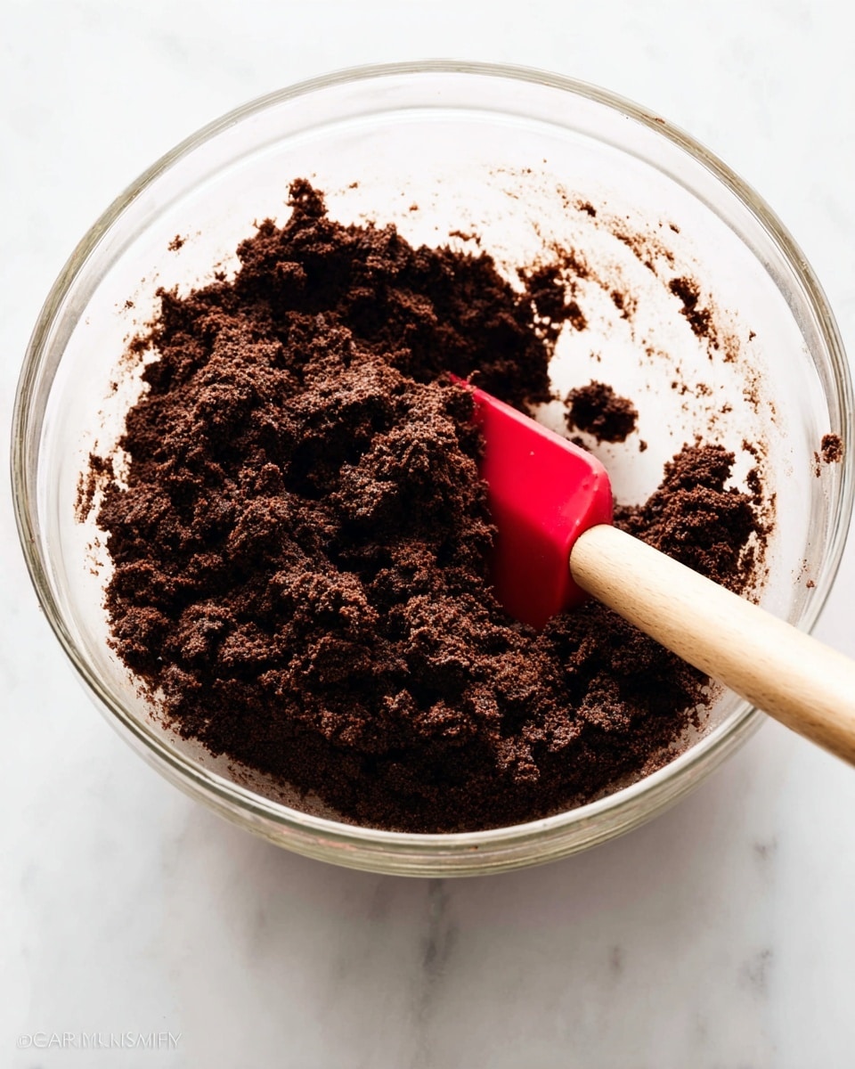 A clear glass bowl filled with a dark brown, crumbly chocolate dough mixture with a thick texture. A wooden spatula with a bright red silicone head is partially buried on the right side of the dough, resting against the bowl’s inner edge. The bowl is placed on a white marbled surface with soft, natural light illuminating the scene, making the chocolate dough look rich and dense. photo taken with an iphone --ar 4:5 --v 7