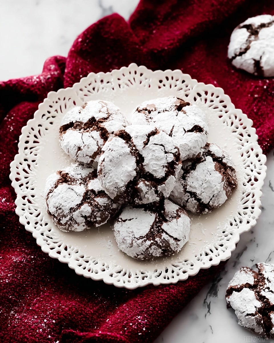 A white, lace-edged plate holds seven round chocolate cookies covered with cracked white powdered sugar, showing dark brown dough through the cracks. The cookies have a rough, powdery texture on top and a slightly soft inside look. The plate is placed on a deep red cloth with a textured pattern, lying over a white marbled surface. Two more cookies are partly visible, one near the top right corner and one near the bottom left corner of the image. Photo taken with an iphone --ar 4:5 --v 7