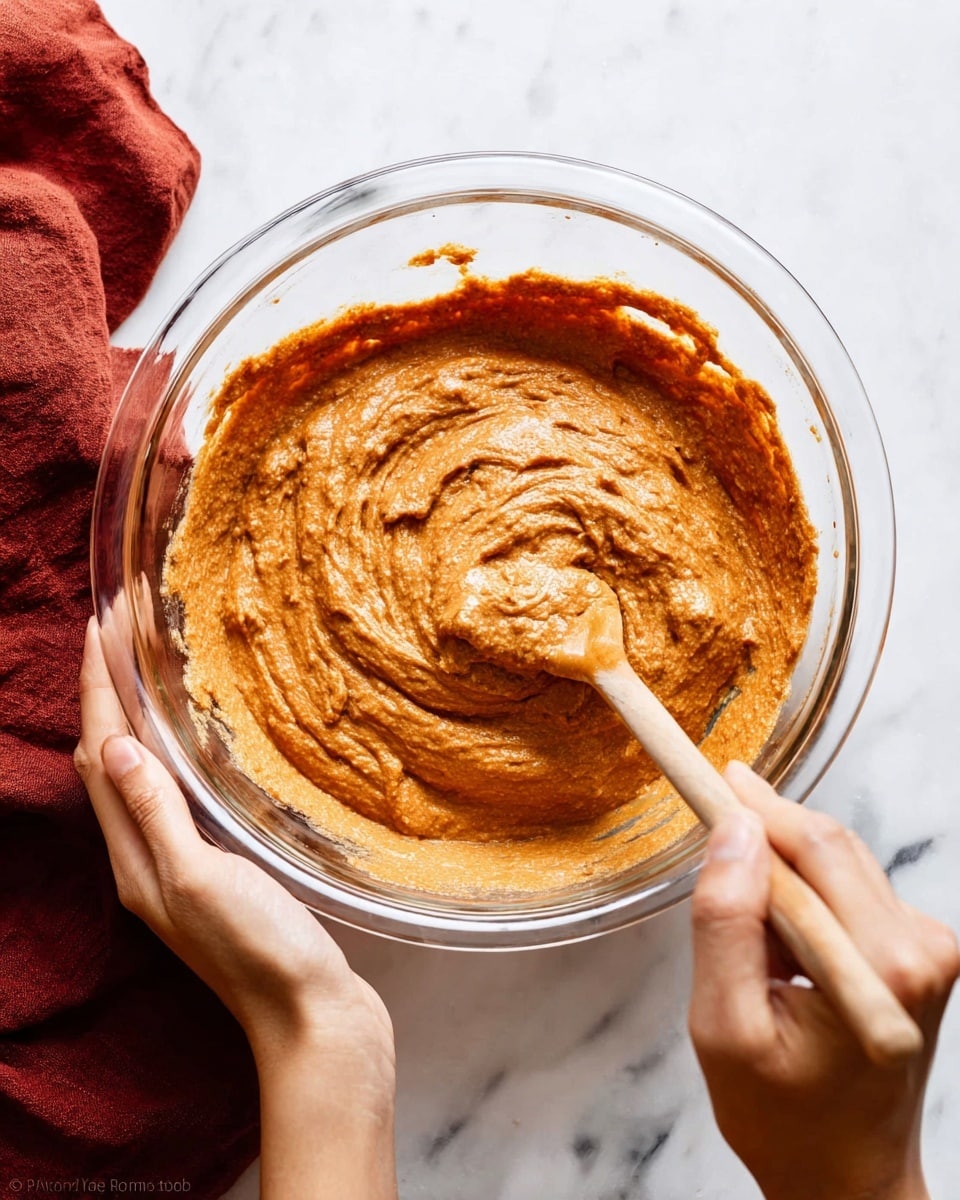 A clear glass bowl filled with thick, orange-brown batter is held by a woman's hand from the bottom left corner, while another woman's hand stirs the batter with a wooden spatula from the top right. The batter has a slightly rough texture and is swirled in a circular motion inside the bowl. The bowl is placed on a white marbled surface, and a reddish-brown cloth is partially visible on the upper left corner. photo taken with an iphone --ar 4:5 --v 7