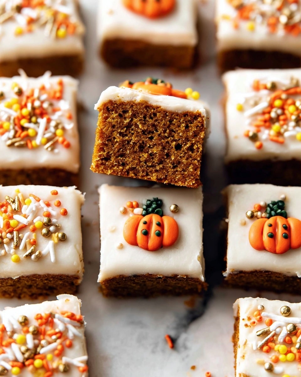 This image shows multiple square pieces of pumpkin cake arranged neatly on a white marbled surface. Each piece has two layers: a moist brown cake base topped with a thick, smooth, creamy white frosting layer. The frosting is decorated with colorful sprinkles in orange, yellow, white, and gold. Some pieces have a small, detailed pumpkin decoration made of tiny orange and green beads placed on the frosting. One piece is standing upright in the center, showing the dense cake texture inside and the thick frosting on top. The overall look is festive and bright, perfect for a fall or Halloween theme. photo taken with an iphone --ar 4:5 --v 7