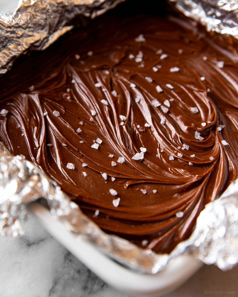 A close-up view of a single thick layer of dark brown chocolate fudge inside a white dish lined with crumpled aluminum foil. The surface of the fudge has deep, glossy swirls with a smooth, creamy texture. Small white sea salt crystals are scattered evenly across the top, adding contrast to the glossy chocolate. The dish sits on a white marbled texture surface. Photo taken with an iphone --ar 4:5 --v 7