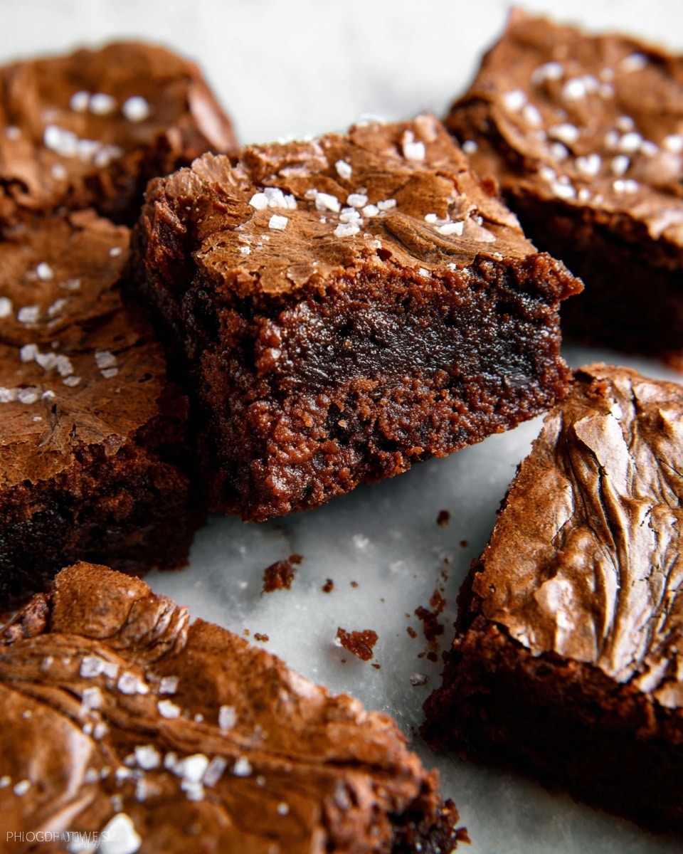 The image shows several rich, chocolate brown brownies with a slightly cracked and shiny top layer sprinkled with coarse white salt crystals. One brownie is tilted, showing two thick layers: a dense, moist middle layer with a darker chocolate color and a lighter brown, glossy top layer with swirling patterns. The brownies are square and rested on a white marbled surface. Photo taken with an iphone --ar 4:5 --v 7