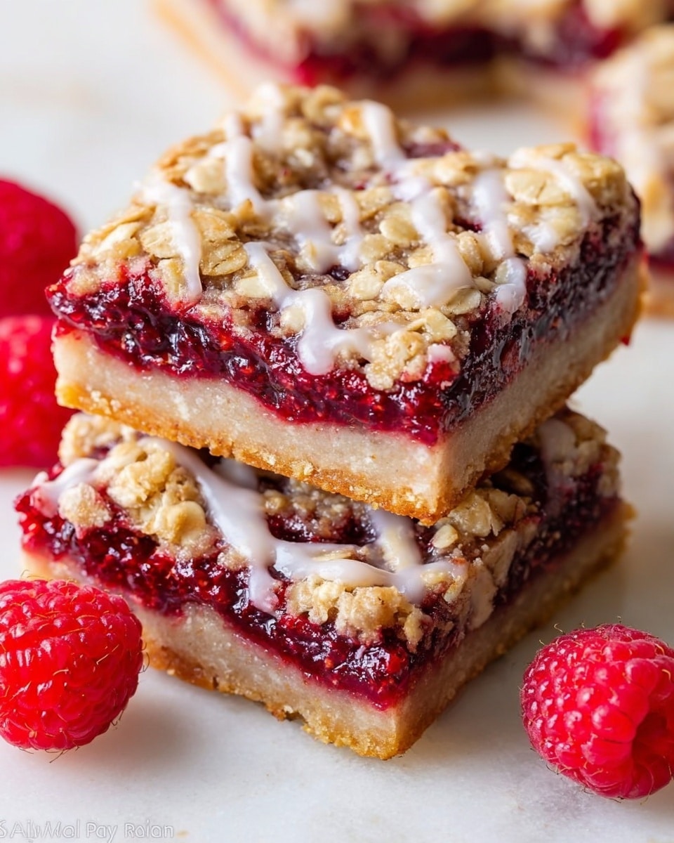 The image shows two square dessert bars stacked on top of each other on a white marbled surface, with fresh red raspberries placed nearby. Each bar has three layers: a pale, smooth bottom crust; a thick, dark red raspberry jam filling in the middle with visible seeds and a slightly shiny texture; and a crumbly oat topping mixed with light brown chunks and drizzled with a white glaze. The texture of the topping looks crunchy and rough, contrasting with the smooth jam and crust. Photo taken with an iphone --ar 4:5 --v 7