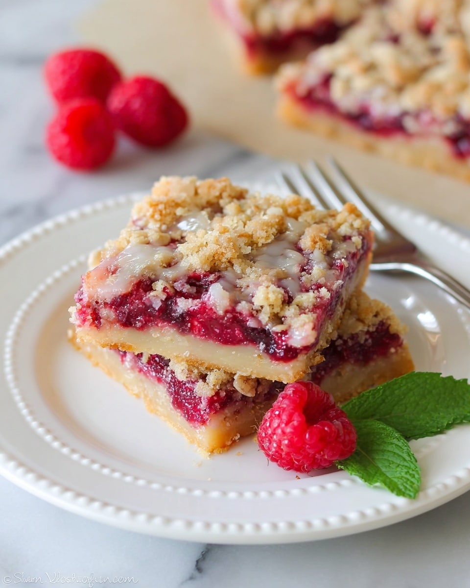 The image shows two square raspberry dessert bars stacked on a white plate with small raised dots on the edge. Each bar has three layers: a pale yellow bottom layer with a smooth texture, a middle layer of bright red raspberries with juicy chunks, and a top layer of crumbly golden oat streusel sprinkled with a light glaze that shines slightly. A small silver fork holds a bite-sized piece of the dessert on the right side of the plate. A fresh green mint leaf and a whole raspberry sit next to the bars. In the blurry background, a larger piece of the same dessert and two raspberries rest on a white marbled surface. Photo taken with an iphone --ar 4:5 --v 7