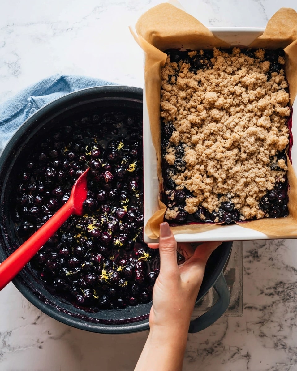 The image shows two parts of making a blueberry crumble dessert. On the left, a black pot filled with dark blueberries coated with sugar and lemon zest is stirred with a red spatula. On the right, a white baking dish lined with brown parchment paper holds a layer of dark blueberries topped with a thick layer of crumbly, light brown crumble being sprinkled by a woman's hand. The surface under the dishes is white with a marbled pattern. Photo taken with an iphone --ar 4:5 --v 7
