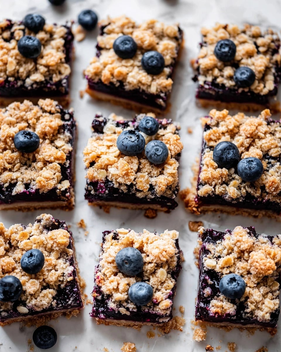 The image shows twelve square blueberry crumble bars arranged closely together on a white marbled surface. Each bar has three visible layers: a dark purple blueberry filling in the middle, a thin lighter base beneath, and a thick crumbly oat topping that is light golden brown with a rough, chunky texture. Many bars have a single fresh blueberry placed on top, adding a pop of deep blue color. The bars are roughly evenly sized with some crumbs scattered around them. Photo taken with an iphone --ar 4:5 --v 7