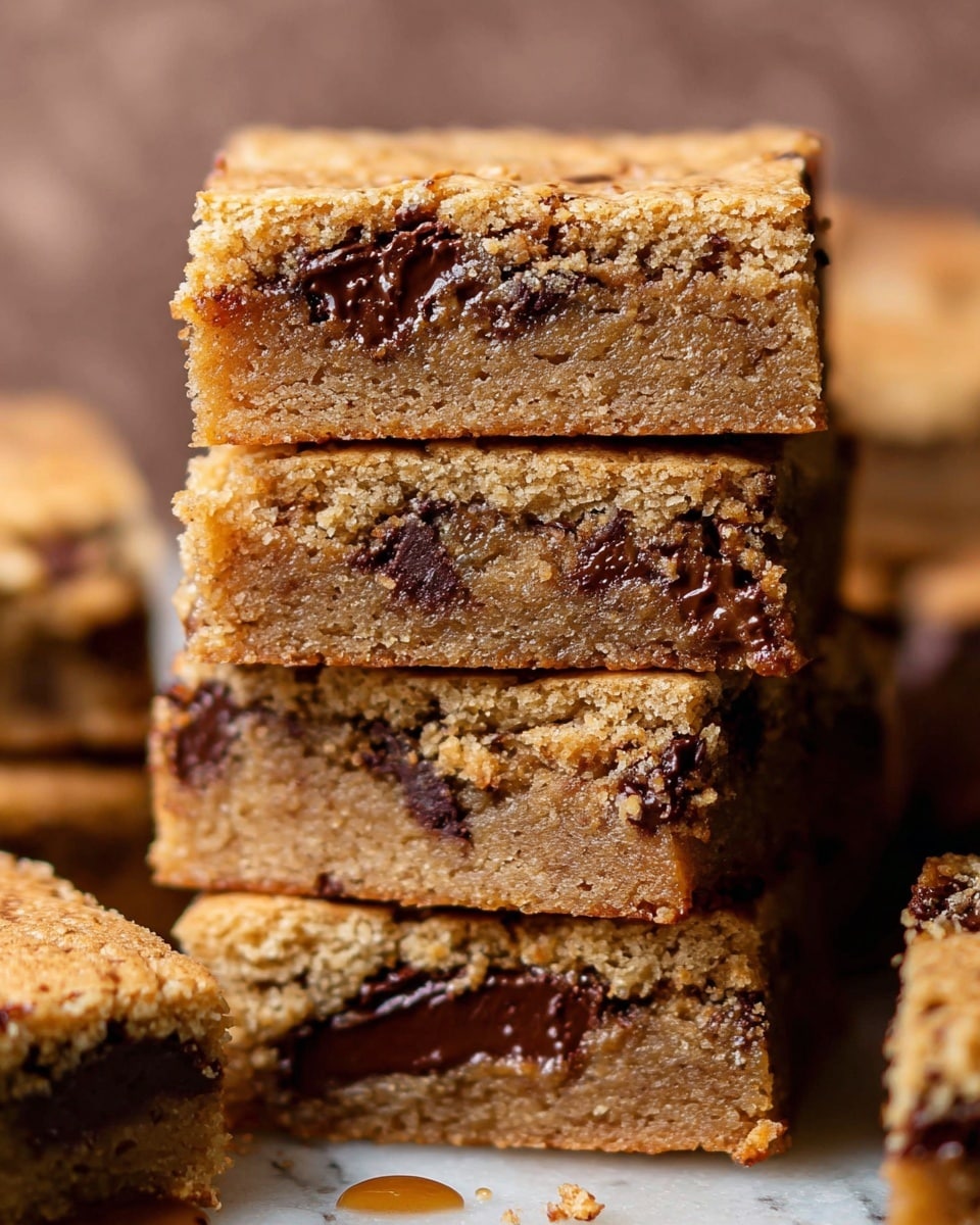 A stack of thick, square blondie bars is shown, each piece featuring a dense, moist light brown crumb with visible chunks of melted dark chocolate spread unevenly inside. The top blondie bar displays a slightly cracked and golden-brown surface, indicating a soft but firm texture. The blondies are closely stacked on a white marbled surface, with a few small caramel drops on the pieces below. The overall look is warm and inviting, with a cozy, home-baked feel, captured in a close-up shot. Photo taken with an iphone --ar 4:5 --v 7