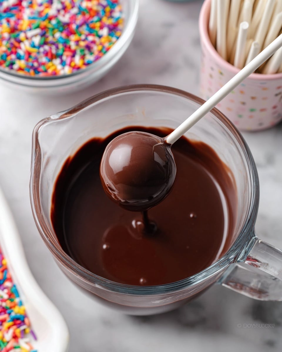 A smooth, round cake pop is dipped in a thick dark brown chocolate coating, held by a white stick, floating gently in a clear glass measuring cup filled with melted chocolate. The cup sits on a white marbled surface. In the background, there is a clear bowl filled with colorful rainbow sprinkles and another container holding white sticks. Part of a white tray with colorful sprinkles pattern is visible at the edge. Photo taken with an iphone --ar 4:5 --v 7