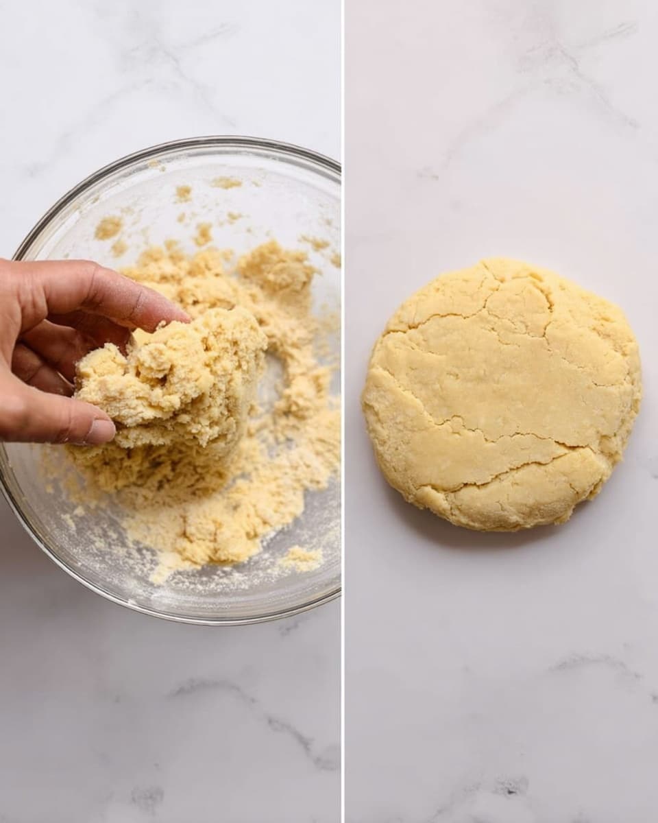 The image shows two steps of dough preparation side by side. On the left, a woman's hand is holding a light beige dough above a clear glass bowl, with some dough crumbs falling inside; the dough looks rough and crumbly. On the right, the dough is shaped into a smooth, round, flat disc placed directly on a white marbled surface, showing a soft texture with slight cracks on the top. photo taken with an iphone --ar 4:5 --v 7