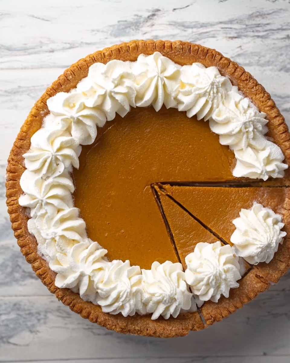 A round pumpkin pie with a thick golden-brown crust sits on a white marbled surface. In the center, the pie filling is a smooth, deep orange color showing a slight shine. Around the edge of the filling, there is a ring of white whipped cream dollops, each with a soft, swirled texture. The pie has one small slice cut, visible by a straight line in the middle of the filling. Photo taken with an iphone --ar 4:5 --v 7