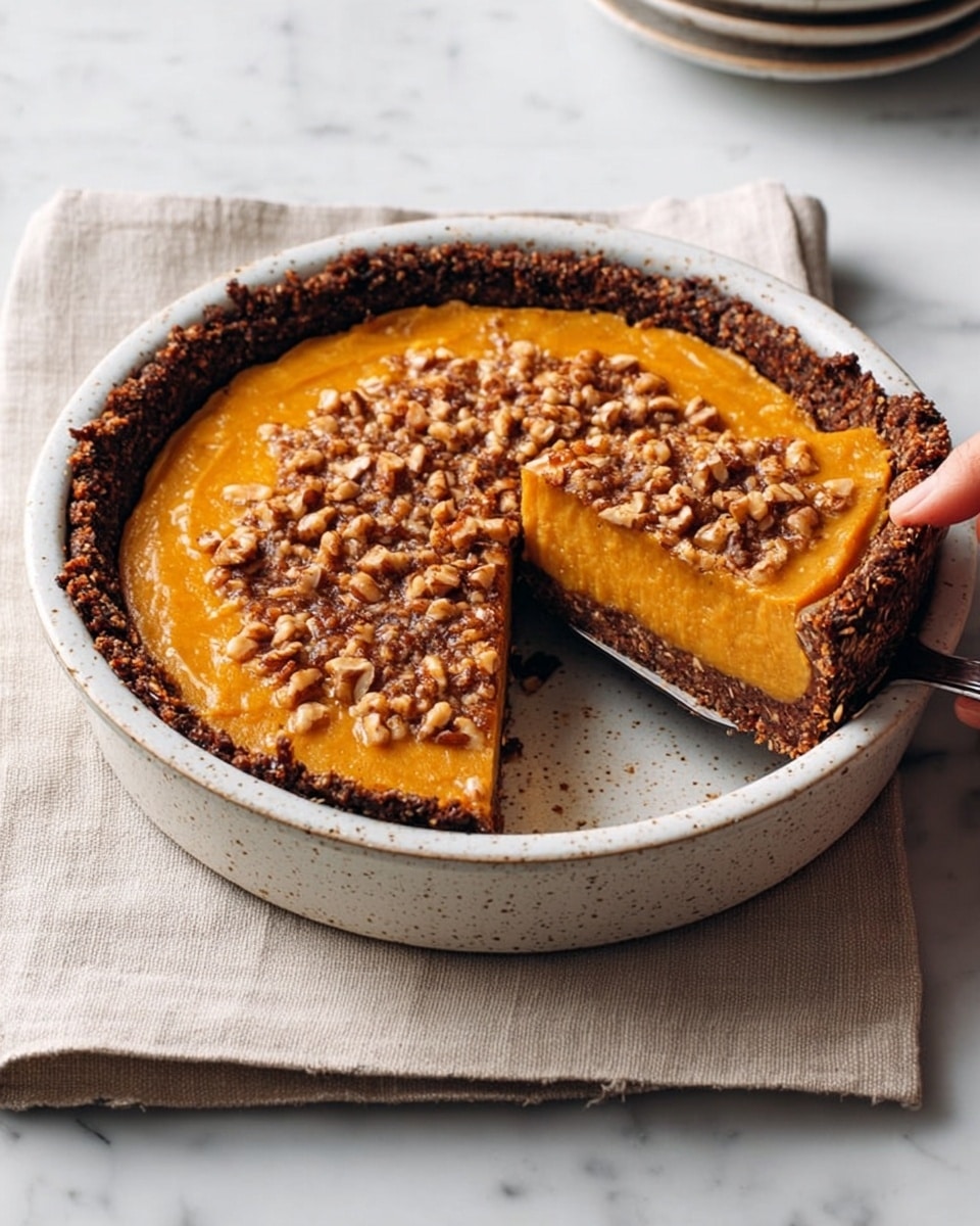 The image shows a pie in a white speckled dish, placed on a light beige cloth on a white marbled surface. The pie has three visible layers: the bottom crust is dark brown and crumbly with rough edges, the middle layer is a smooth bright orange filling that looks soft and dense, and the top layer is a glossy light brown nut topping with small pieces spread evenly. One slice is removed, showing the layers clearly and a woman's hand is holding the pie server next to the dish. Photo taken with an iphone --ar 4:5 --v 7