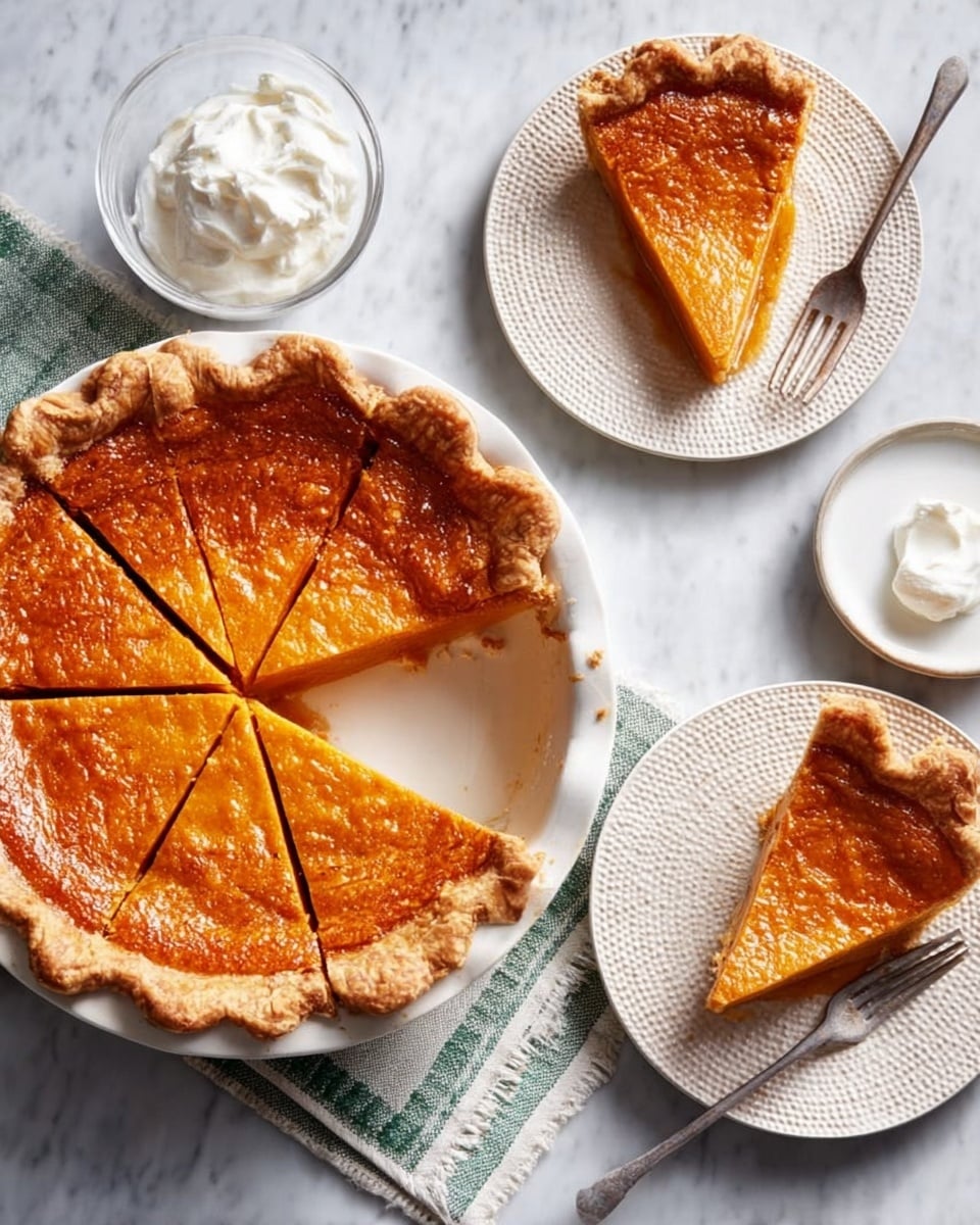 The image shows a golden brown pie in a white dish, with five slices visible, one missing. The crust is thick and wavy, with a lightly toasted edge. Two slices of pie are on two small white plates with textured edges, placed on a white marbled surface. The pie filling looks smooth and slightly shiny, with a warm orange color. A glass bowl with white whipped cream is near the pie, and a woman's hand holding a fork rests on a folded cloth napkin with green trim beside the plates. Photo taken with an iphone --ar 4:5 --v 7