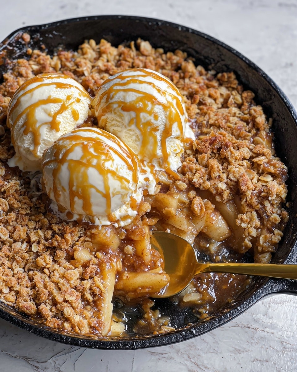 A large black skillet contains a warm dessert with two scoops of white vanilla ice cream on top, drizzled with light brown caramel sauce. The dessert has three layers: a top layer of crunchy, golden brown oat and crumb topping, a middle layer of soft, baked apple slices covered in sticky caramel, and a bottom part of thick golden syrup pooling slightly on the skillet. A golden spoon is partially buried in the dessert. The skillet sits on a white marbled surface. Photo taken with an iphone --ar 4:5 --v 7