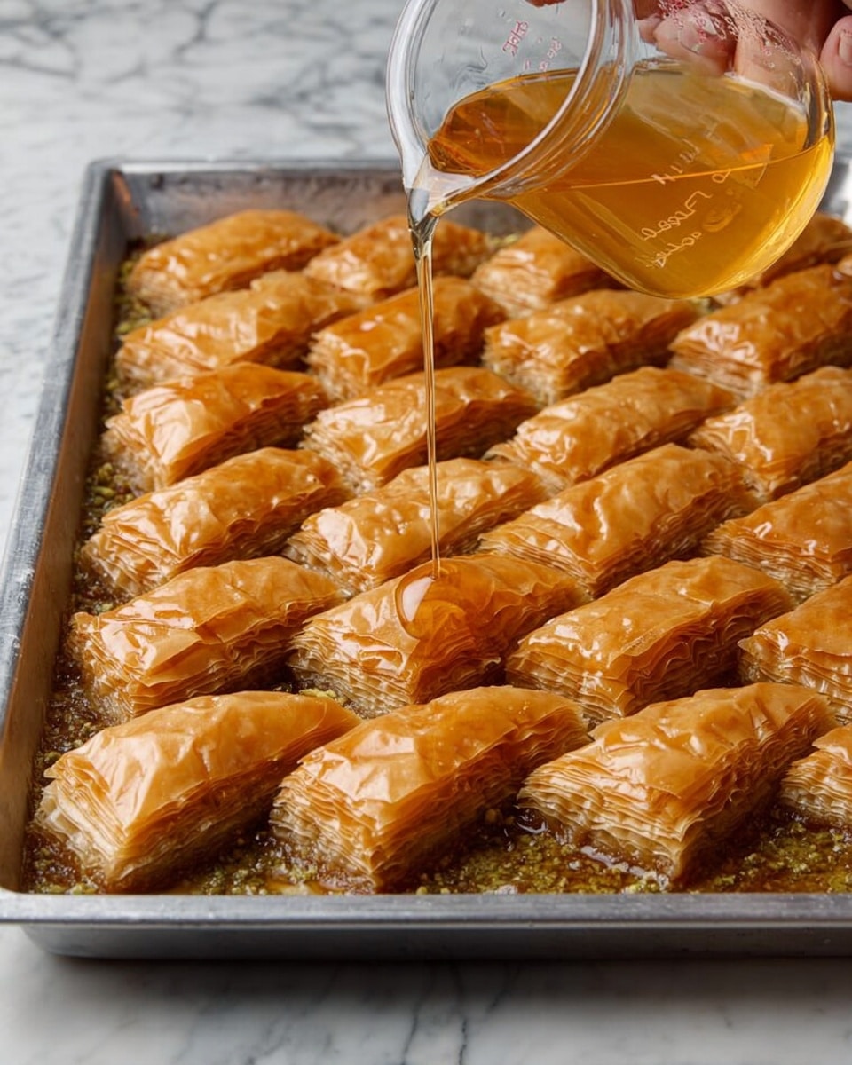 The image shows a metal tray filled with several pieces of golden brown layered pastry, each piece shaped like a diamond. The pastry has many thin, crisp layers stacked, creating a textured look. A woman's hand is pouring light brown syrup from a clear glass measuring cup over the pastries, adding a shiny glaze on top. The tray is placed on a white marbled surface, highlighting the warm color of the pastry. Photo taken with an iphone --ar 4:5 --v 7