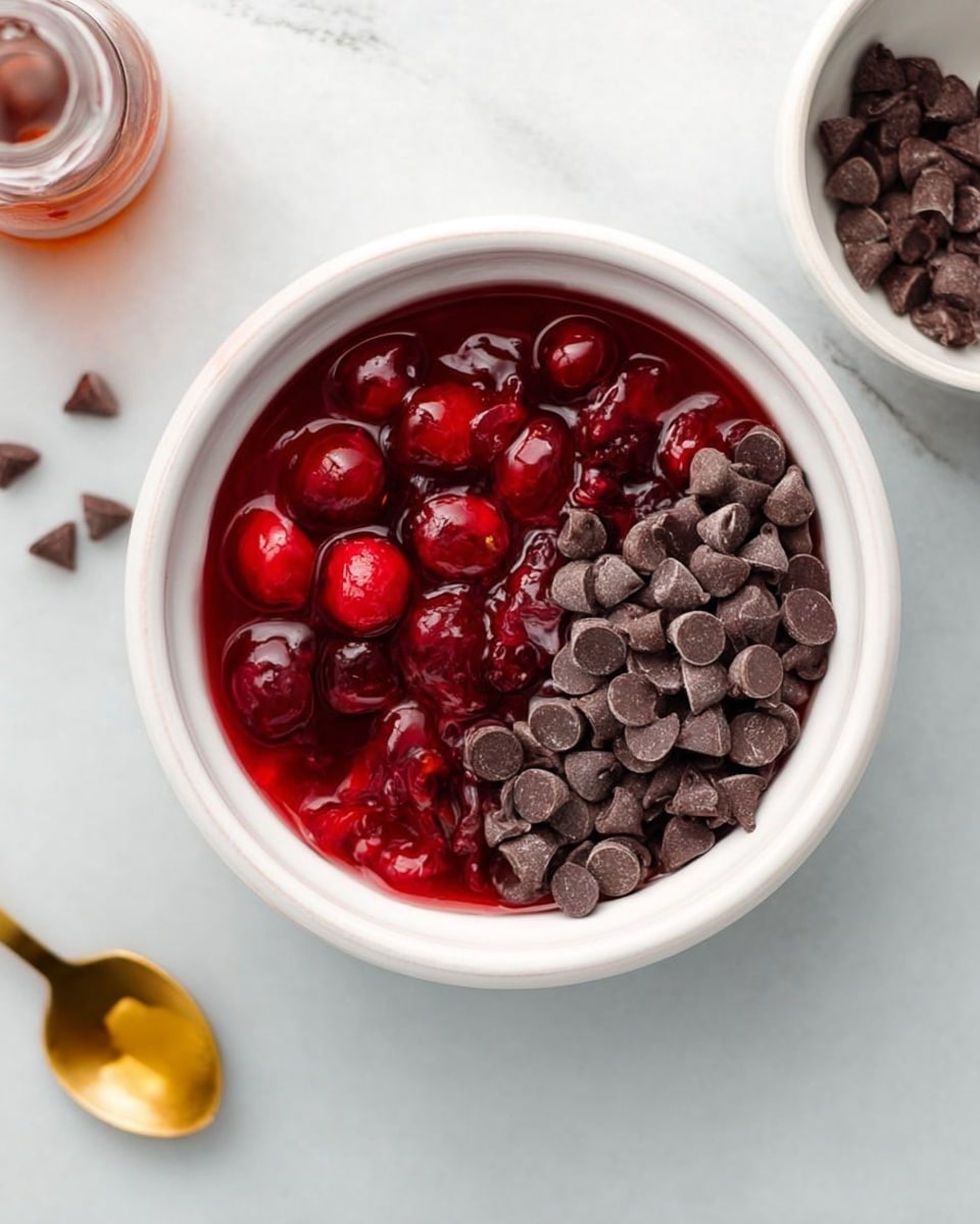 A white bowl placed on a white marbled surface contains two main layers side by side. On one side, there is a bright red cherry sauce with whole cherries visible in the glossy, jelly-like texture. On the other side, there is a pile of dark brown chocolate chips with a matte finish. Nearby, slightly out of focus, is a partially visible white bowl with a few chocolate chips, a small amber bottle, and a golden spoon with a small amount of liquid on the white marbled surface. photo taken with an iphone --ar 4:5 --v 7
