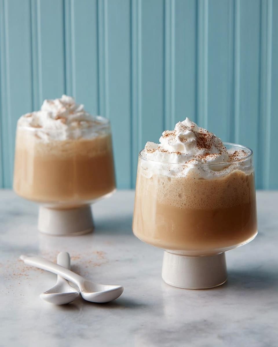 Two glasses filled with a creamy light brown drink are shown, each topped with a fluffy white whipped cream layer sprinkled with a small amount of brown powder. The glasses have a short thick base with a wider rounded top. Next to the glass in the foreground, there are two white ceramic spoons lying on a white marbled surface. The background is light blue with vertical paneling. Photo taken with an iphone --ar 4:5 --v 7