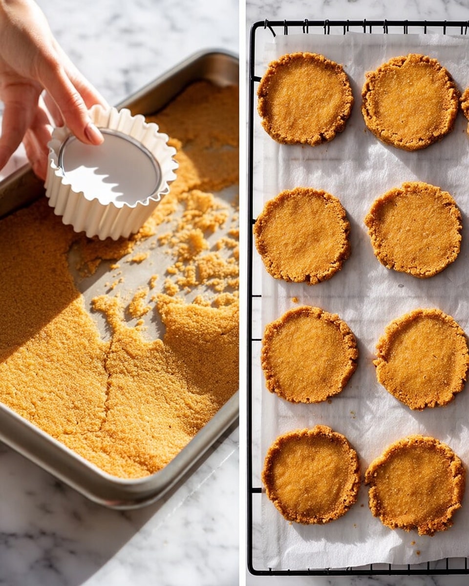 The image shows two parts: on the left, a woman’s hand is holding a white scalloped round cutter pressing into a large golden-brown baked flatbread or cookie in a silver baking tray lined with parchment paper. The flatbread has a rough, bumpy texture and some crumbs around where the cutter is being pressed. On the right, fifteen round flatbreads or cookies of the same golden-brown color and rough texture are arranged loosely on a black wire rack lined with white parchment paper, all on a white marbled surface. The lighting is bright and natural, showing clear color and detail. Photo taken with an iphone --ar 4:5 --v 7