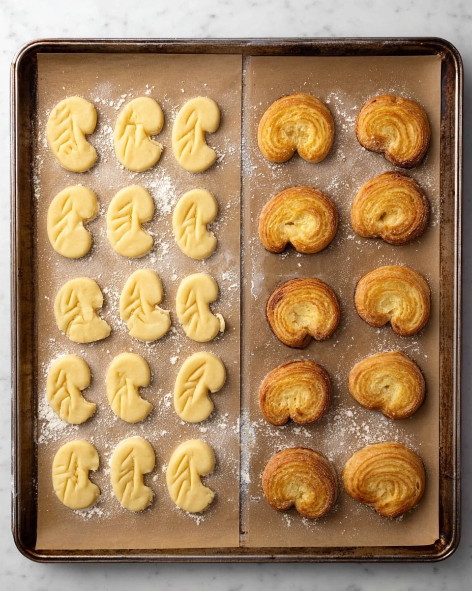 The image shows a baking tray with two sections of parchment paper. On the left side, there are twelve raw palmier dough pieces arranged in four rows of three, each piece pale yellow with a folded, layered shape. The parchment paper has some flour sprinkled lightly around the dough pieces. On the right side, there are nine baked palmier cookies, golden brown with slightly darker edges and flaky texture, arranged in three rows of three. The baked pieces have expanded, showing more defined layers and a crispy surface. The entire tray sits on a white marbled surface photo taken with an iphone --ar 4:5 --v 7