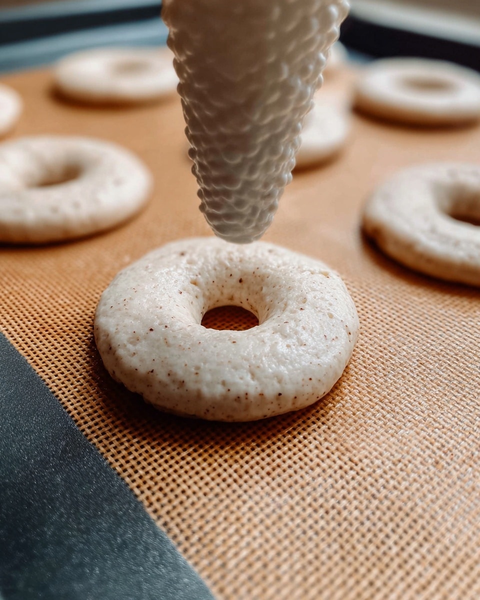 The image shows a close-up of a white piping bag with a textured surface dispensing a round ring of pale beige dough onto a light brown woven silicone baking mat that covers part of a dark tray. The dough ring has a slightly rough texture with small brown specks and a hole in the center. Several similar dough rings are placed on the mat in the background. The surface under the mat is not visible, and the background is softly blurred. Photo taken with an iphone --ar 4:5 --v 7
