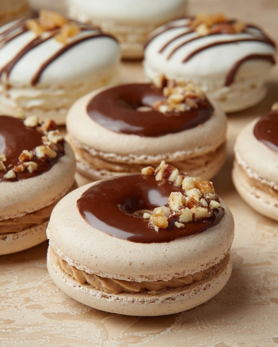 The image shows round macaron cookies arranged on a beige surface with a textured pattern. Each macaron has two pale beige shells with a smooth yet slightly airy texture. On the top shell, there is a thick ring of glossy medium brown chocolate that looks smooth and shiny. Inside the chocolate ring, there is a dollop of lighter brown creamy filling, sprinkled with small nut pieces that add a crunchy texture. In the background, there are white macarons with a thin drizzle of dark brown chocolate and scattered nut pieces on top. The whole scene sits on a white marbled surface. photo taken with an iphone --ar 4:5 --v 7