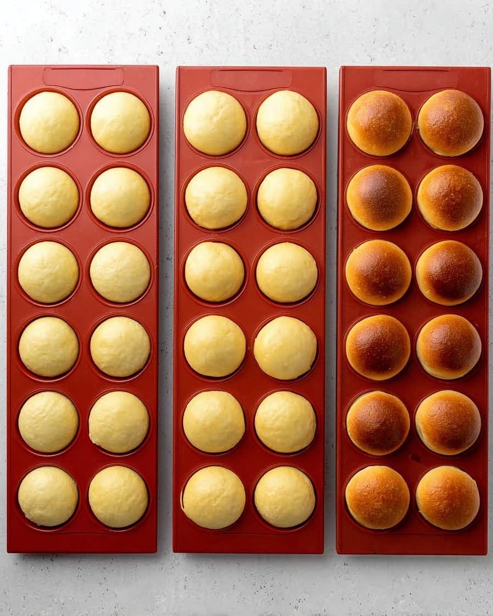 The image shows three red silicone muffin trays aligned side by side on a white marbled surface. Each tray has eight round dough balls for baking. The left tray contains dough that has risen and expanded, showing a smooth, light yellow texture with a bit of shine. The middle tray features dough balls that are even larger, with a soft and fluffy appearance, light yellow in color, and smooth surfaced. The right tray holds baked buns that have turned golden brown on top, displaying a light crust with uniform round shapes and a soft texture. photo taken with an iphone --ar 4:5 --v 7