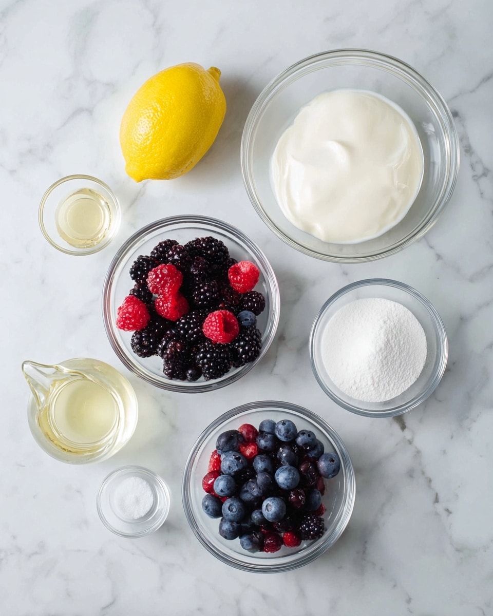 Seven clear glass bowls and containers are arranged neatly on a white marbled surface. The top left bowl holds a whole yellow lemon with a smooth, bright peel. To the right, a bowl contains a white liquid with a creamy texture. Below, a larger bowl filled with white cream is placed near the center-right. In the center, a bowl of mixed berries shows dark blackberries, red raspberries, and deep blue blueberries with rich textures and colors. Below the lemon, a small bowl contains a white powder, possibly sugar or salt. At the bottom left, a tiny glass has a clear liquid, and to its right, a small glass pitcher holds light yellow oil. The bottom right bowl is filled with fine white sugar. The image shows no utensils or woman’s hand, and everything is set on the white marbled background. photo taken with an iphone --ar 4:5 --v 7