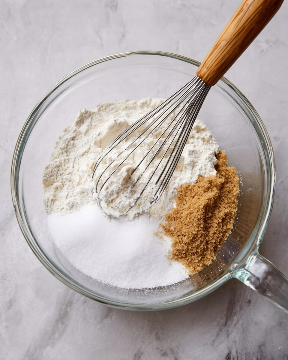 A clear glass mixing bowl on a white marbled surface holds three dry ingredients: a large pile of white flour on the left, white granulated sugar at the bottom, and brown sugar on the right, all unmixed. A silver whisk with a wooden handle rests inside the bowl, leaning slightly to the right, touching the dry ingredients. The bowl's handle is visible on the right side. photo taken with an iphone --ar 4:5 --v 7