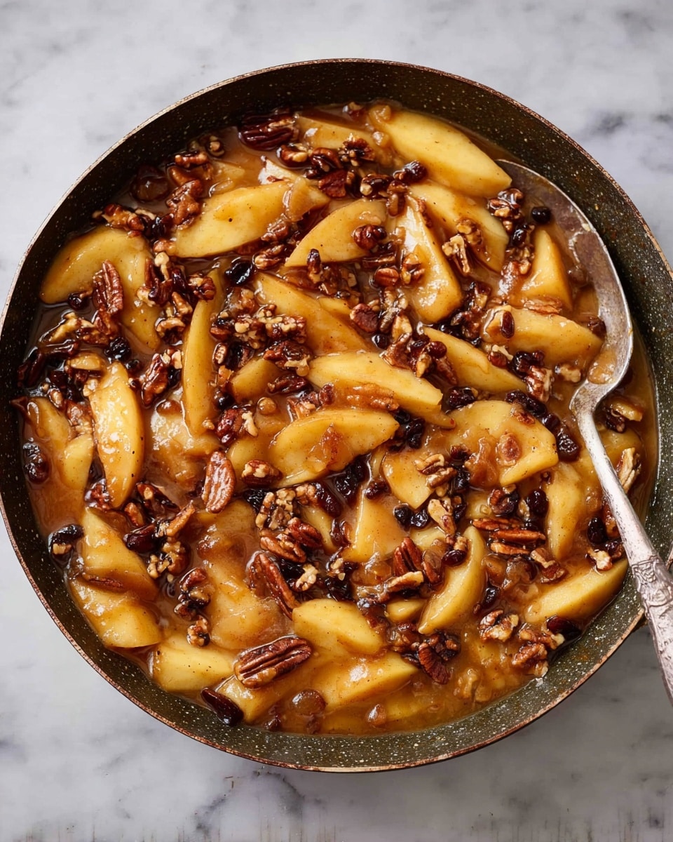 A round, dark skillet filled with a warm dish of sliced golden apple pieces mixed with small, uneven chunks of pecans and dark raisins, all covered in a shiny, thick caramel sauce that pools slightly at the edges. A silver spoon rests inside the skillet on the right side, partially submerged in the mixture. The skillet is placed on a white marbled surface. photo taken with an iphone --ar 4:5 --v 7