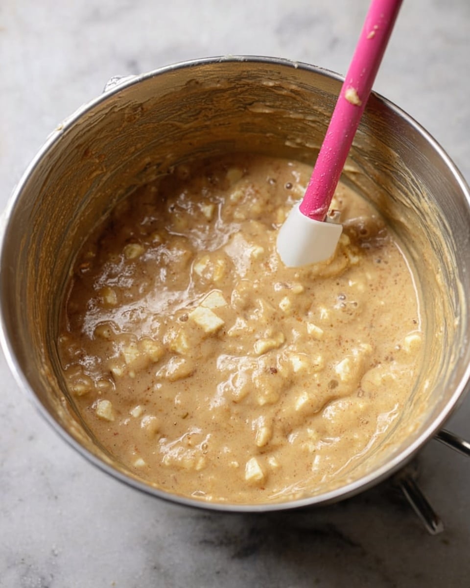 Inside a silver mixing bowl, there is a thick, creamy batter filled with many small chunks. The batter is light brown with a slightly shiny surface and some visible air bubbles. A pink and white spatula rests diagonally inside the bowl, partially covered with the batter. The bowl sits on a white marbled surface. Photo taken with an iphone --ar 4:5 --v 7
