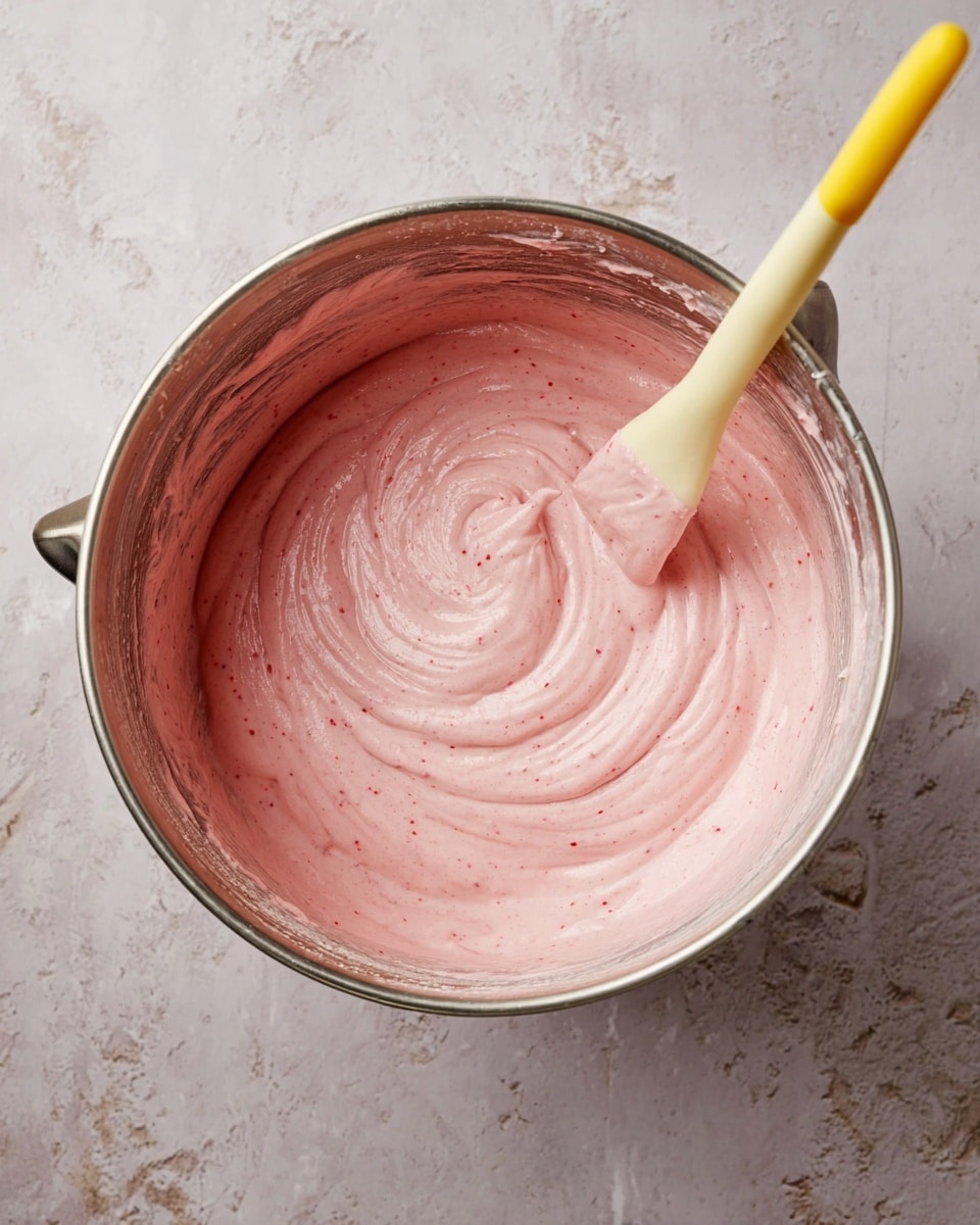 A large stainless steel bowl filled with smooth, thick pink batter that has tiny red specks throughout, showing a creamy texture. A light wooden spoon with a yellow silicone tip rests in the batter, slightly dipped in and creating soft swirls on the surface. The bowl sits on a white marbled textured surface. Photo taken with an iphone --ar 4:5 --v 7