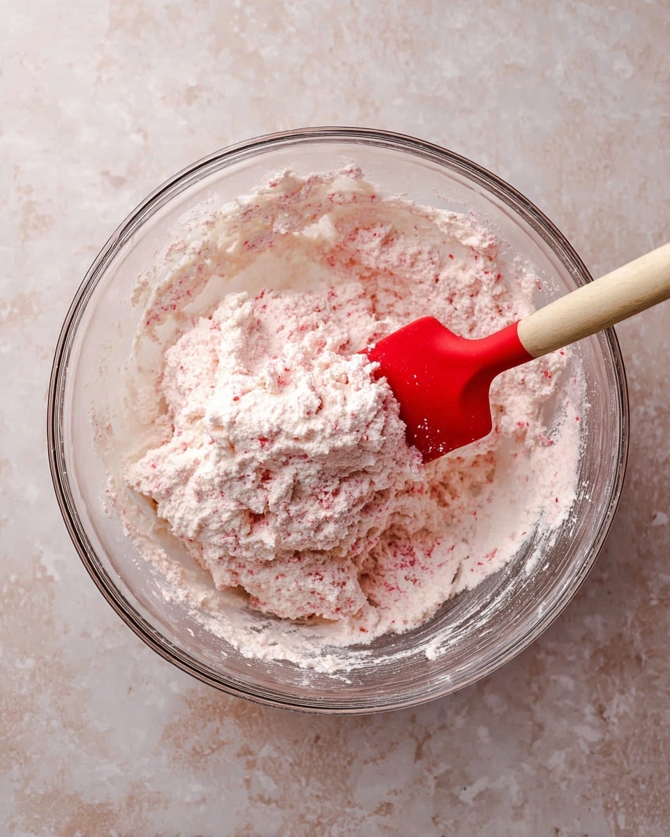 A clear glass bowl sitting on a white marbled surface holds a thick, light pink mixture with white powdery parts and small darker pink specks throughout. A red silicone spatula with a light beige wooden handle rests inside the bowl, partially buried in the uneven, fluffy-looking mixture. The bowl's sides are slightly coated with the mix, showing some texture and stickiness. Photo taken with an iphone --ar 4:5 --v 7