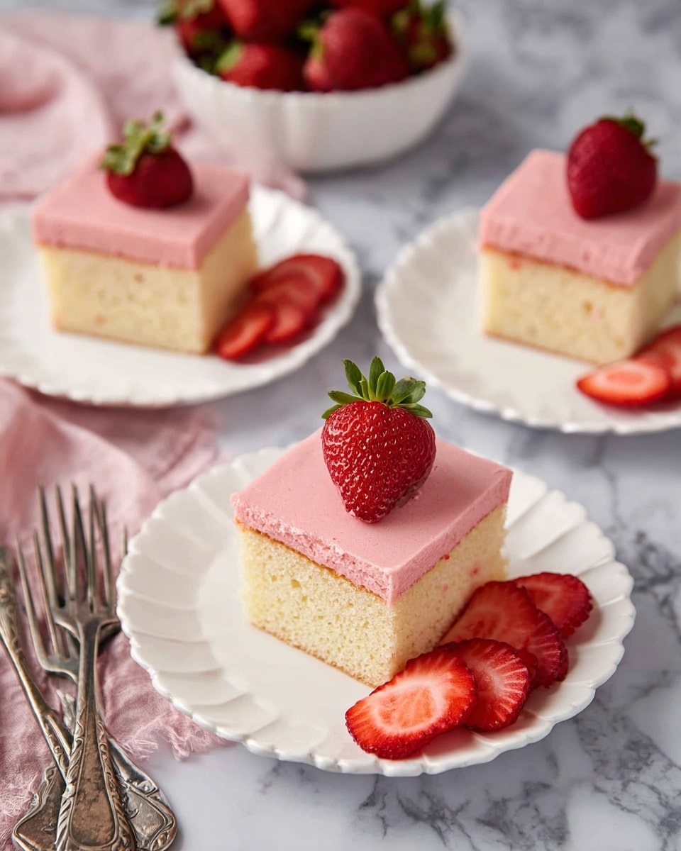 The image shows seven square pieces of cake arranged on a white plate with pink flower patterns. Each cake has two layers: a pale yellow bottom sponge layer and a thick, light pink frosting layer on top, with a fresh red strawberry placed at the center of each frosting square. The plate sits on a white marbled surface. To the right of the plate is a silver cake server with an intricate handle. There is also a white bowl filled with fresh strawberries in the top right corner and a light pink cloth in the top left corner. The photo taken with an iphone --ar 4:5 --v 7