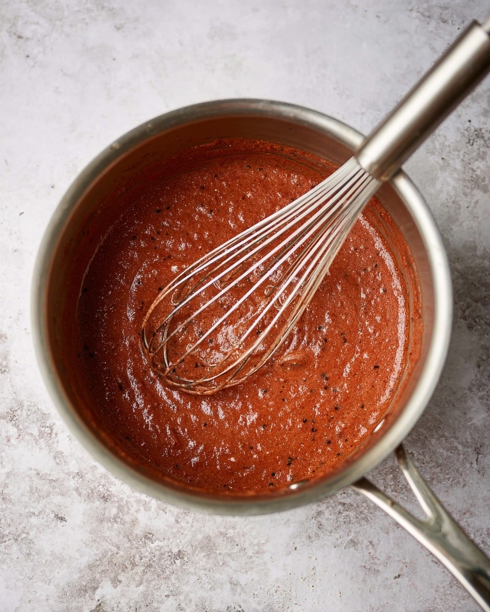 A silver metal pot filled with a thick, reddish-brown mixture that looks creamy and textured, with small dark specks throughout. A long silver whisk rests inside the pot, partially covered in the mixture. The pot is placed on a white marbled textured surface. Photo taken with an iphone --ar 4:5 --v 7