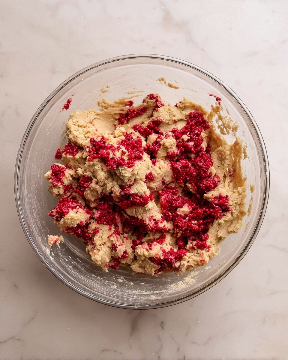 A clear glass bowl sits on a white marbled surface filled with a light beige dough that looks crumbly and thick. On top and mixed throughout the dough are bright red berry pieces with a slightly wet and chunky texture, creating a contrast between the pale dough and the vibrant red. The mixture looks like it is in the early stages of being mixed together, with the red berries sitting unevenly on the dough. The bowl shows some dough sticking to the sides with a few red berry stains. photo taken with an iphone --ar 4:5 --v 7