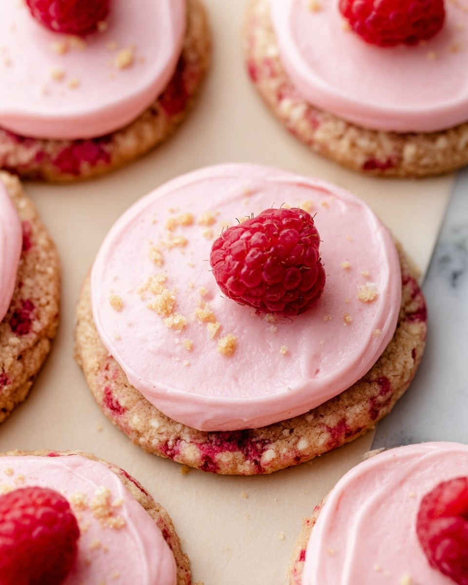 The image shows several round cookies on a pale paper sheet placed on a white marbled surface. Each cookie has two layers: the bottom layer is a rough-textured cookie with a mix of light brown and pinkish-red tones, suggesting bits of fruit are baked inside. The top layer is a smooth, thick, pale pink frosting that covers the cookie evenly. On top of the frosting, there is a single fresh raspberry placed near the center of each cookie. Some cookies also have small crumbs sprinkled on the frosting near the raspberry. Photo taken with an iphone --ar 4:5 --v 7