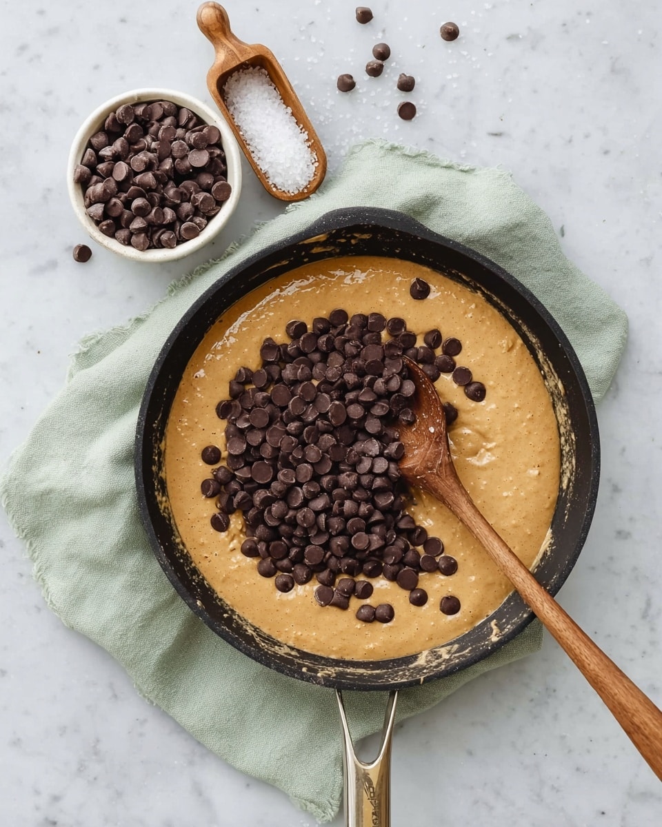 A black pan sits on a light green cloth on a white marbled surface, filled with a thick, light brown batter. On the batter, there is a large pile of small, round, dark brown chocolate chips in the center. A wooden spoon with a long handle is in the pan, partially covered in the batter and resting near the chocolate chips. Above the pan, a small white bowl filled with more chocolate chips and a wooden scoop with coarse white salt are placed on the white marbled surface. The overall look is warm and ready for mixing photo taken with an iphone --ar 4:5 --v 7
