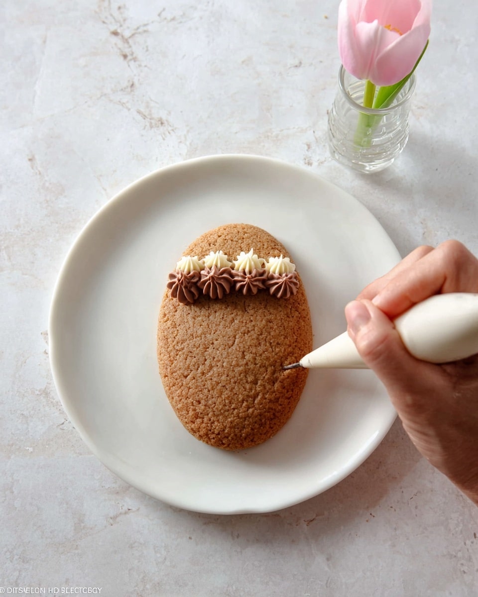 A single oval-shaped light brown cookie with a slightly rough texture sits in the center of a white plate on a white marbled surface. At the top edge of the cookie, small dollops of chocolate and white cream are being piped in a row using a piping bag held by a woman's hand. Nearby, a small clear glass holds a single light pink tulip with a green stem. Photo taken with an iphone --ar 4:5 --v 7